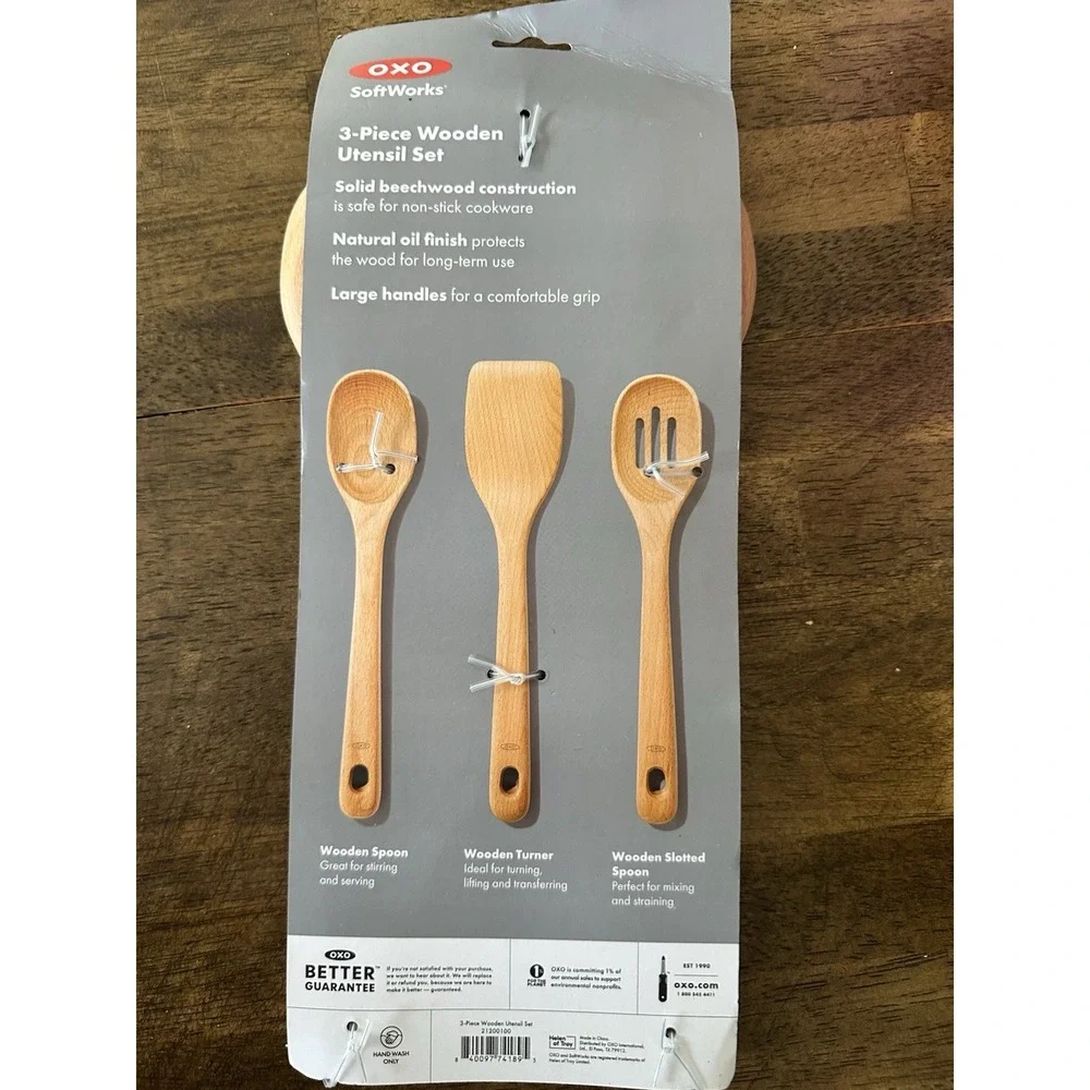 OXO 3 Piece Kitchen Wooden Spoon Set - Large Comfortable Handle